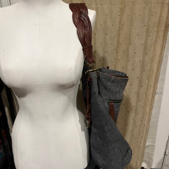 Lucky Brand BOHO Large Distressed Braided Leather Strap Blue Tote Shoulder Bag - Picture 15 of 16